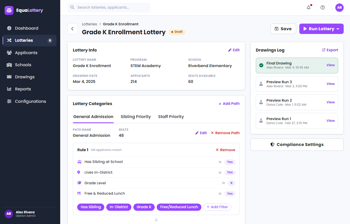 The EquaLottery admissions dashboard, showing lottery rules and drawing history